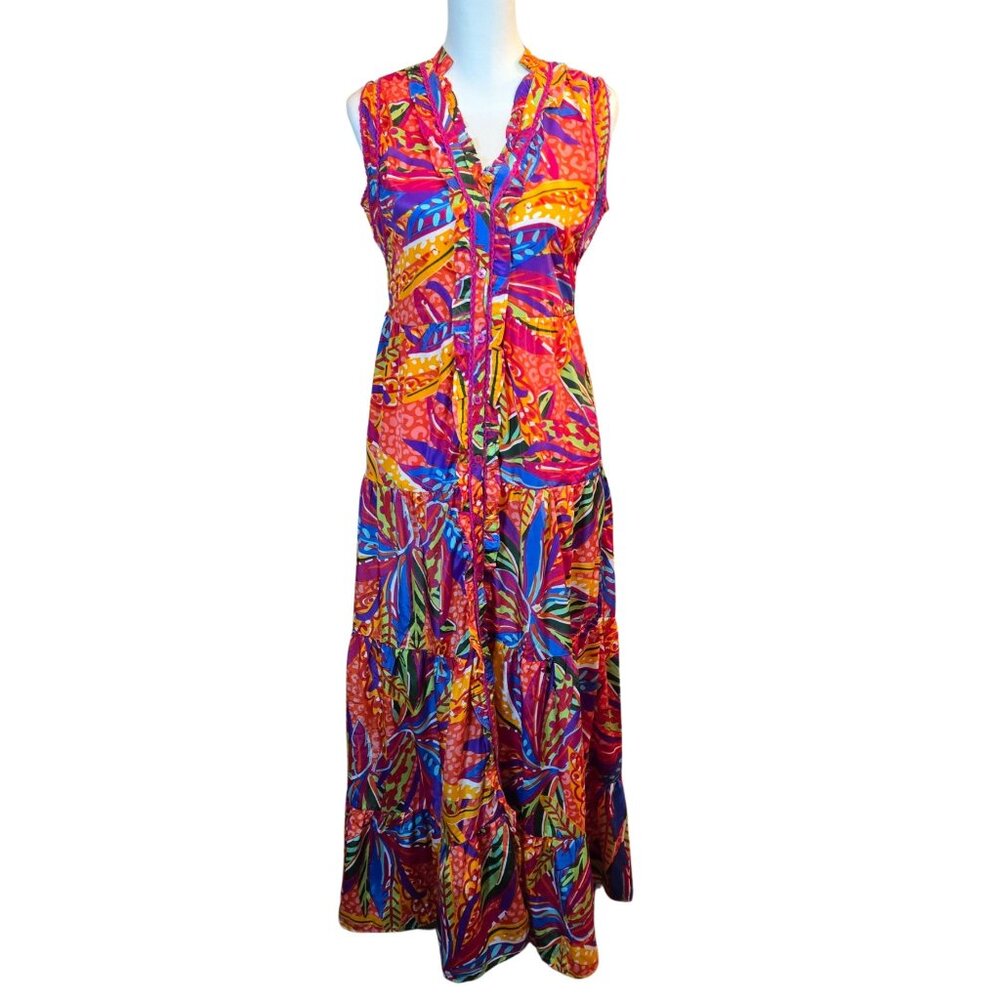 TRUE DESTINATIONS Women's Sleeveless Tiered Ruffle Button Down Maxi Dress Sz: XS